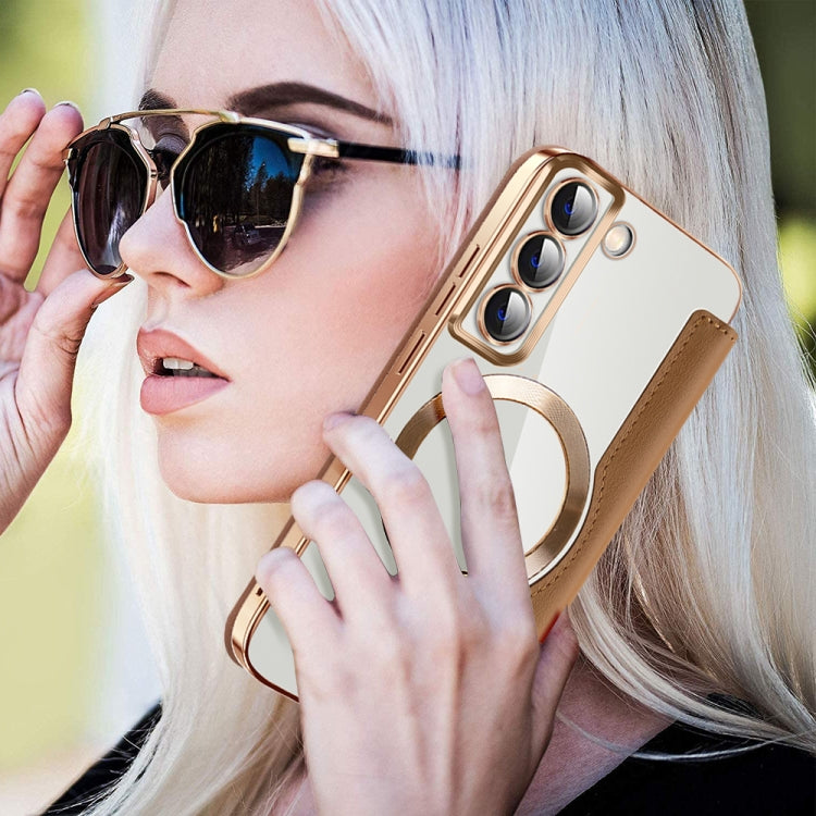 For Samsung Galaxy S22 5G Shield MagSafe RFID Anti-theft Leather Phone Case(Brown) - free shipping - PMC TechLife - Order now!