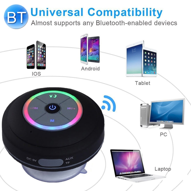 BTS-09 Wireless Bluetooth Speaker Water-resistant Led FM Radio Subwoofer Bluetooth Column TF Card Suction Cup Mini Shower Speaker(Black)