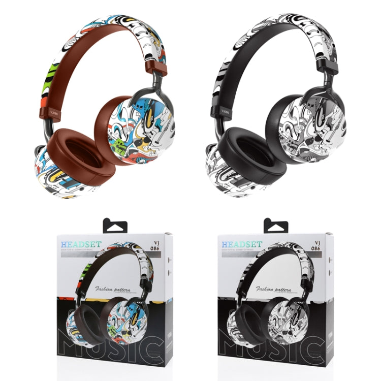 VJ086 Graffiti Headset Wireless Sports Bluetooth Headset Water Transfer Color Print Headset, Support TF, FM(Black+White)