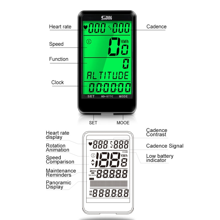 SUNDING SD-577C Cycling Computer LCD Backlight Water-resistant Wireless Stopwatch MTB Bike Odometer Stopwatch Bicycle Speedometer