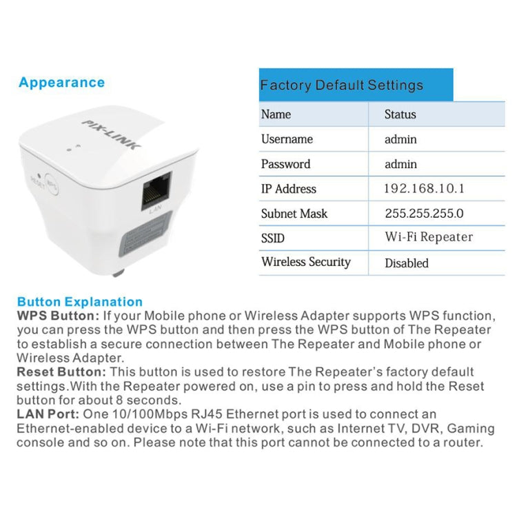 PIXLINK WR12 300Mbps WIFI Signal Amplification Enhanced Repeater, Plug Type:EU Plug