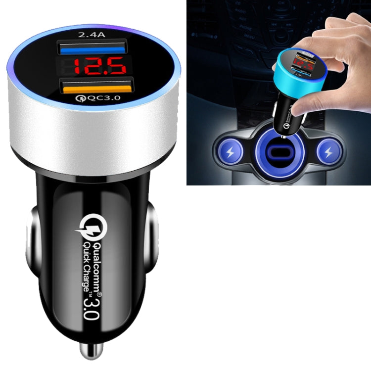 2 PCS Aluminum Ring Display Car Charger QC3.0+2.4A Aluminum Alloy Multi-function Halo Digital Display Car Charger(Snow Silver)