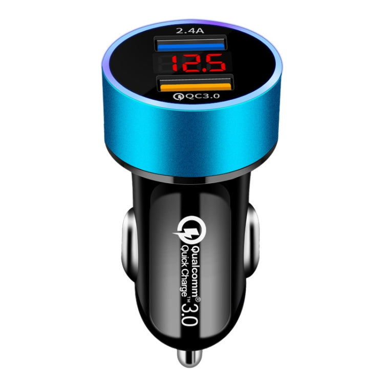 2 PCS Aluminum Ring Display Car Charger QC3.0+2.4A Aluminum Alloy Multi-function Halo Digital Display Car Charger(Sapphire Blue)