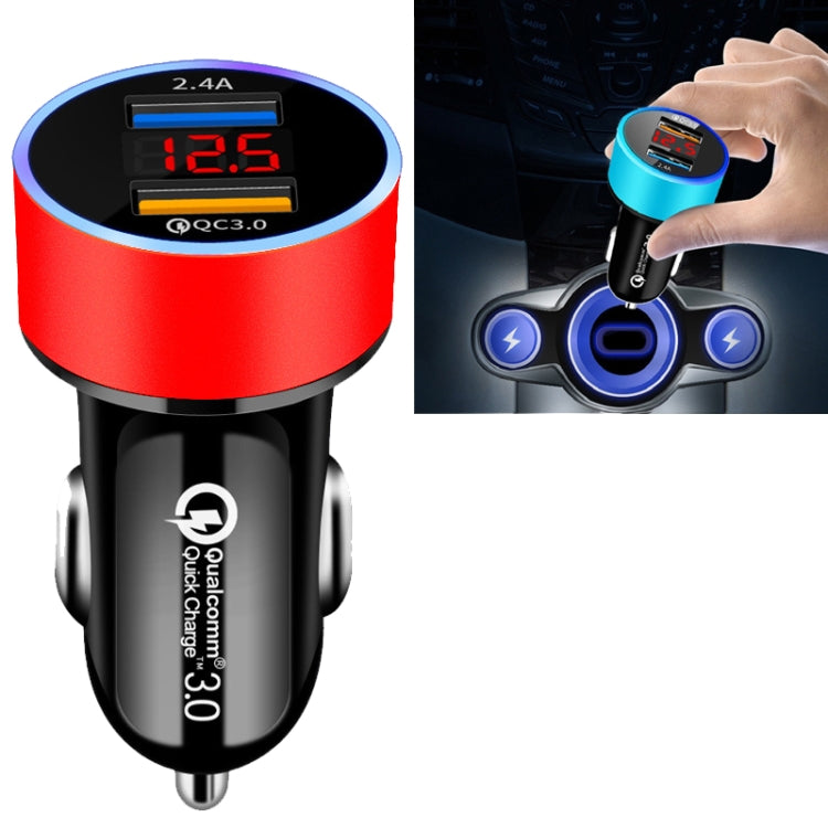 2 PCS Aluminum Ring Display Car Charger QC3.0+2.4A Aluminum Alloy Multi-function Halo Digital Display Car Charger(Champagne Red)