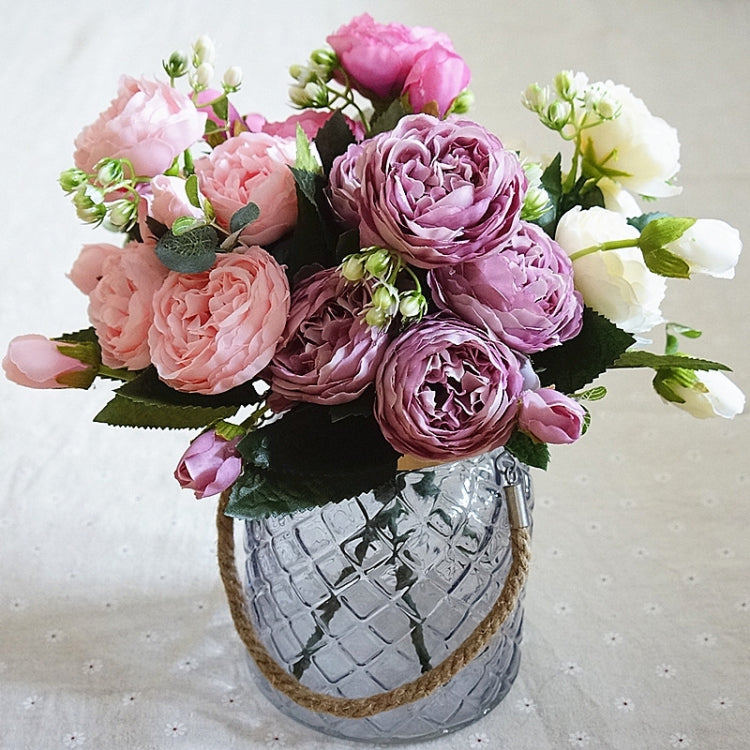 Beautiful Rose Peony Artificial Silk Flowers Small Bouquet Fores Home Party Spring Wedding Decoration Fake Flower(Pink and dark pink) - free shipping - PMC TechLife - Order now!