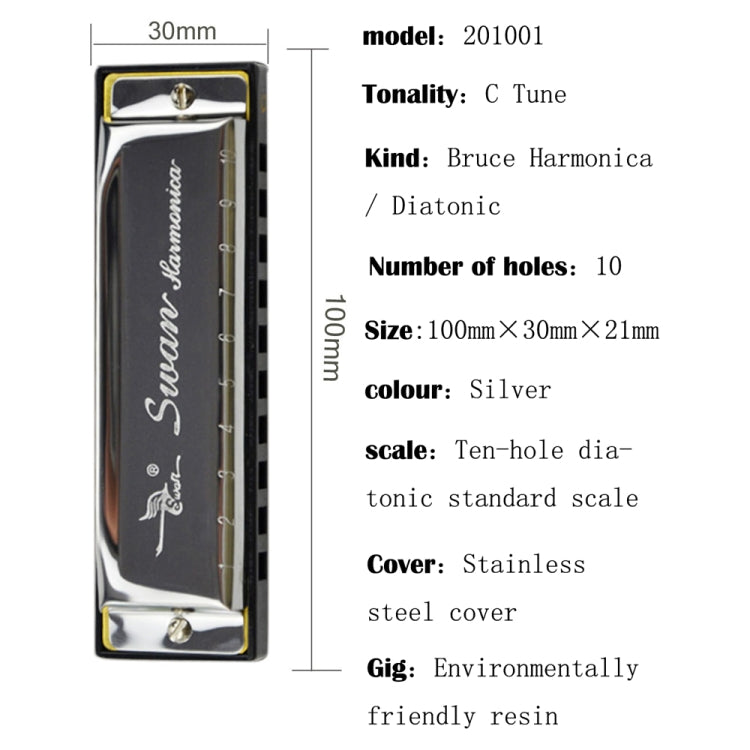 Swan 10 Holes Full-scale Bruce Harmonica Beginner Children Adult Students Playing Musical Instruments - Wind Instruments by PMC TechLife | Online Shopping South Africa | PMC TechLife