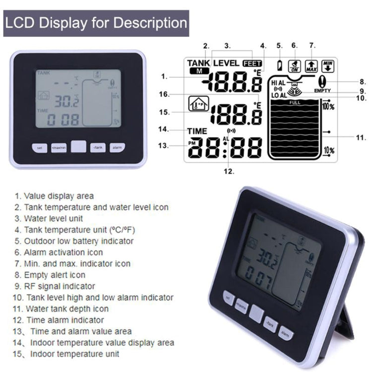 TS-FT002 Multifunctional Ultrasonic Electronic Water Tank Level Gauge With Indoor Temperature Thermometer Clock Display Water Level Gauge - free shipping - PMC Jewellery - Order now!