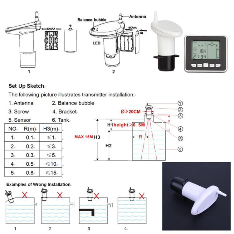TS-FT002 Multifunctional Ultrasonic Electronic Water Tank Level Gauge With Indoor Temperature Thermometer Clock Display Water Level Gauge - free shipping - PMC Jewellery - Order now!