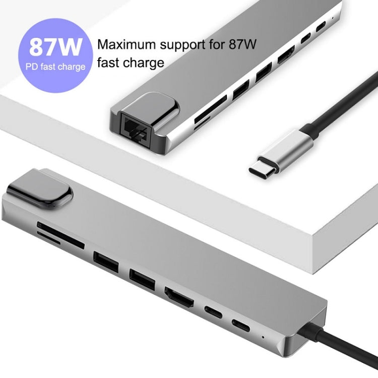 WC7367 8 in 1 87W Type-C to PD+USB3.0x2+SD+TF+HDMI+RJ45+Type-c Docking Station HUB