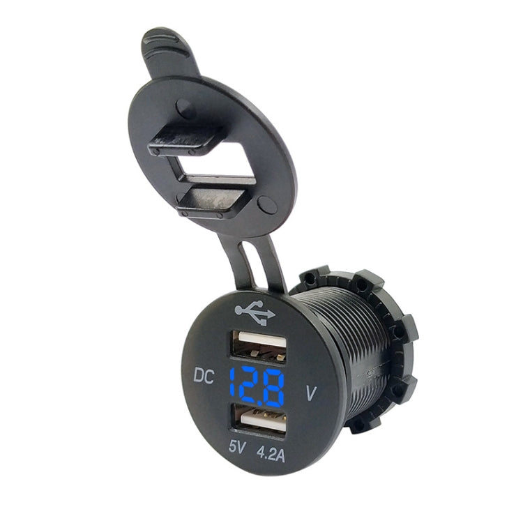 4.2A Dual USB With Voltage Display Mobile Phone Charger Socket Power Supply 12V Car Motorcycle(Blue Light)