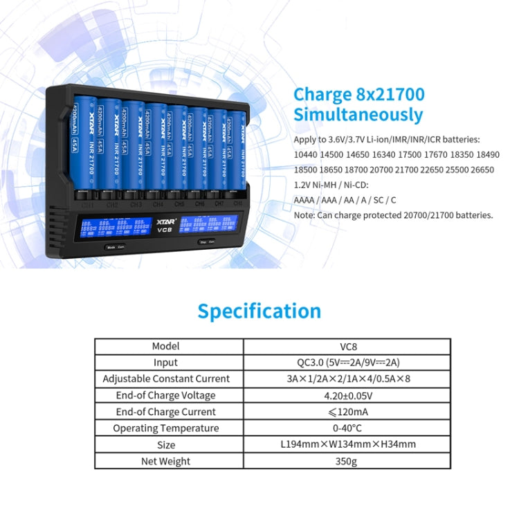 XTAR 8-Slot Battery Charger LCD Display Charger QC3.0 Type C Fast Charger for 21700 / 18650 Battery, Model: VC8 - free shipping - PMC Jewellery - Order now!