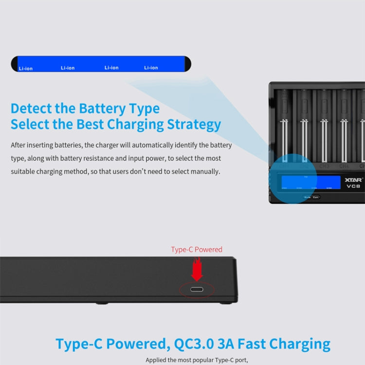 XTAR 8-Slot Battery Charger LCD Display Charger QC3.0 Type C Fast Charger for 21700 / 18650 Battery, Model: VC8 - free shipping - PMC Jewellery - Order now!