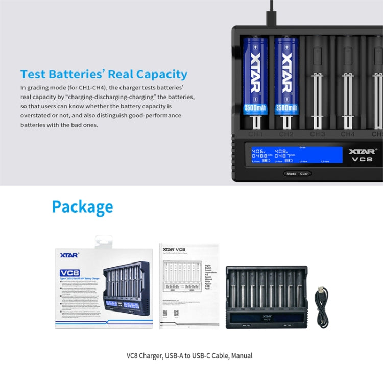 XTAR 8-Slot Battery Charger LCD Display Charger QC3.0 Type C Fast Charger for 21700 / 18650 Battery, Model: VC8 - free shipping - PMC TechLife - Order now!