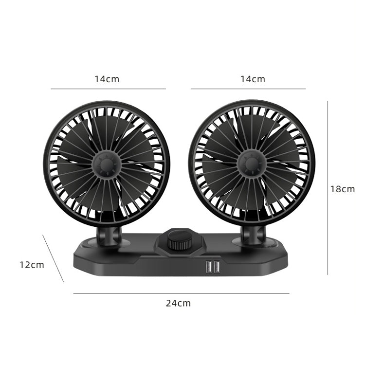F558 With USB Mobile Phone Charging Car Fan 12/24V Car Truck Double Shaking Head Fan(Double Head 12V)
