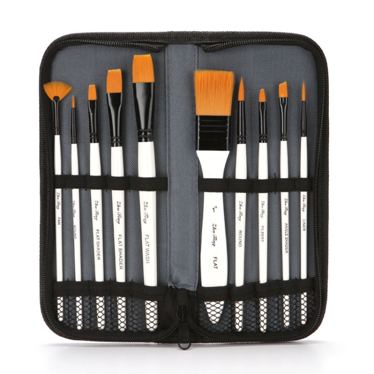 ZHU TING 10 In 1 Wooden Pole Nylon Wool Watercolor Pen And Board Brush Fan Shaped Painting Pen Set With Cloth BagZHUTING(White Rod)