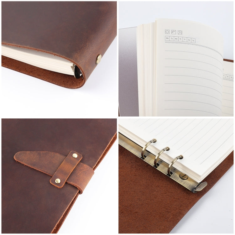 A5 Cowhide Retro Loose-Leaf Notebook Diary Office Business Simple Notepad Crazy Horse Leather Handbook(Ink Green)