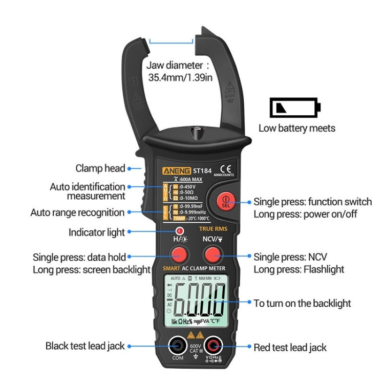 ANENG ST184 Automatically Identify Clamp-On Smart Digital Multimeter(Black)