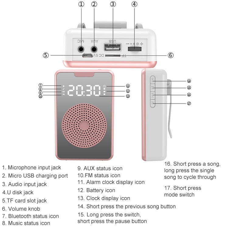 ZXL-H3 Portable Teaching Microphone Amplifier with Time Display, Spec: Wireless Version (Rose Gold)
