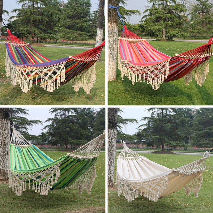 200x150cm Double Outdoor Camping Tassel Canvas Hammock with Stick(White)