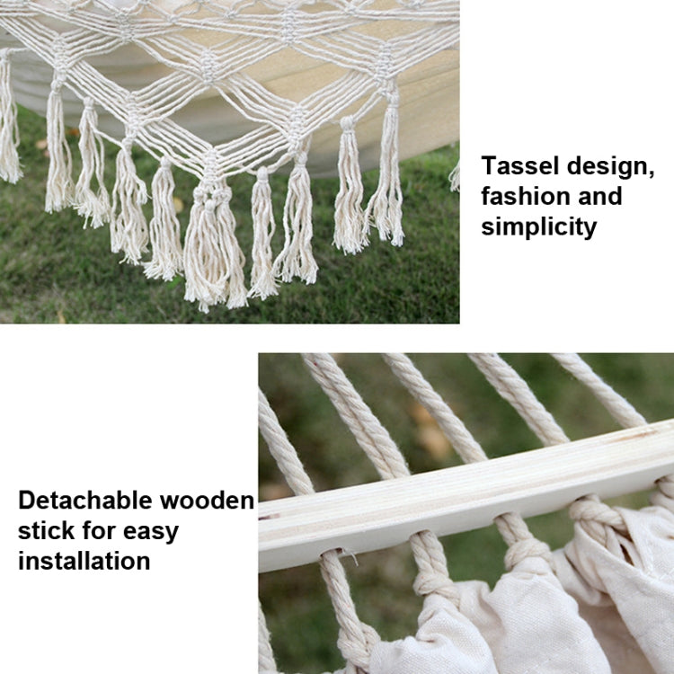 200x150cm Double Outdoor Camping Tassel Canvas Hammock with Stick(White) - Hammocks by PMC Jewellery | Online Shopping South Africa | PMC Jewellery | Buy Now Pay Later Mobicred