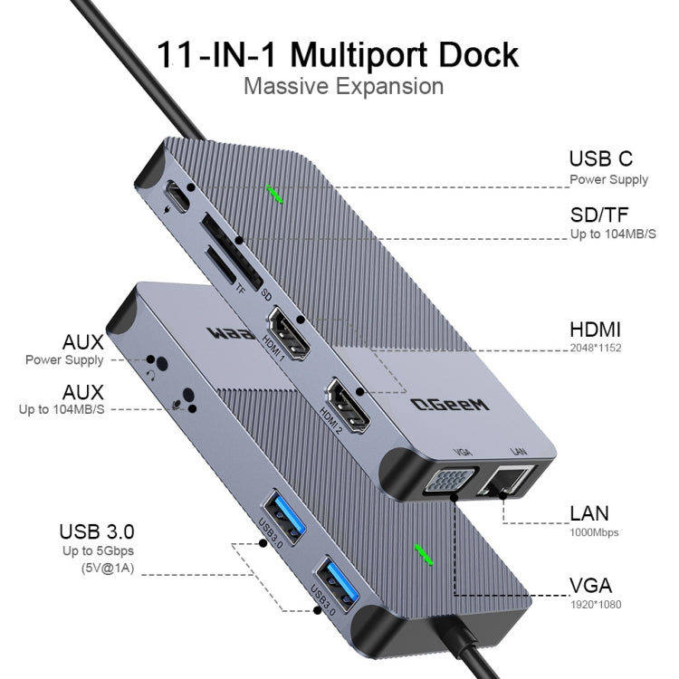 QGeeM 11 In 1 Multifunctional Type-C Extension HUB Adapter( QG-D3908) - USB HUB by QGeeM | Online Shopping South Africa | PMC Jewellery | Buy Now Pay Later Mobicred