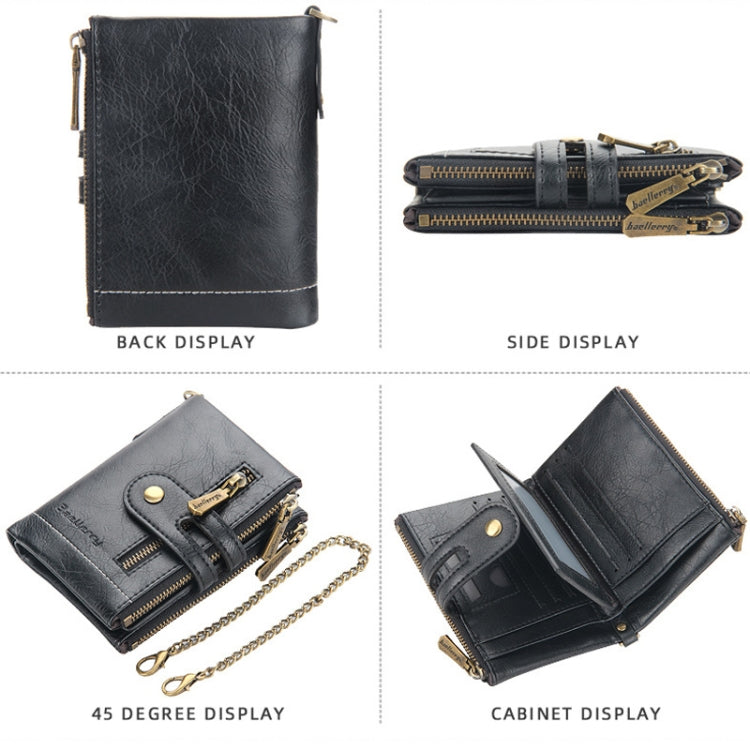 Baellerry Short Wallet Double Zipper Tri-Fold Wallet For Men(Black)