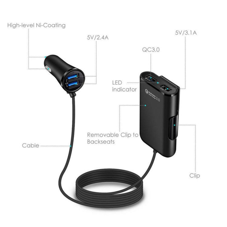 2PCS QC3.0 Four Ports Fast 5V 8A Car Charger Back Seat Charger(Black)