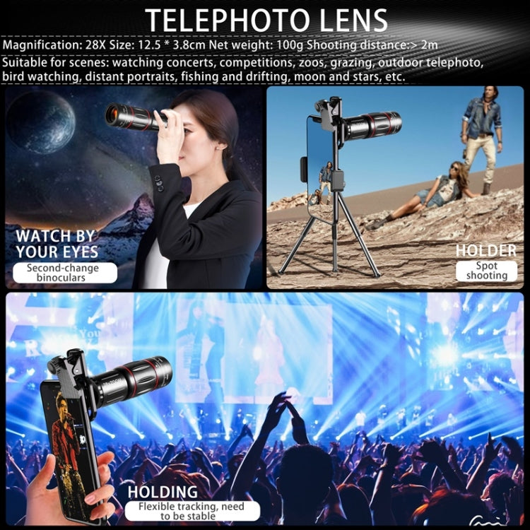 Mobile Phone Universal Lens Telescope 28X + Wide Angle 0.6X + Macro 20X + Fisheye 198 Degree Set - Combination Lens by PMC TechLife | Online Shopping South Africa | PMC TechLife