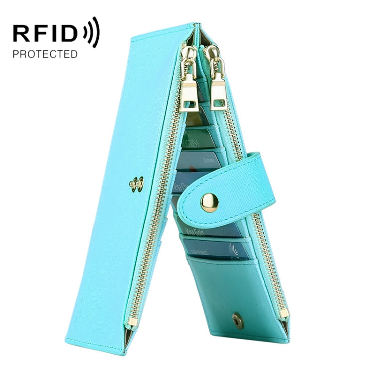 GLQ167 RFID Two-way Folding PU Cross Pattern With Zipper Pocket Wallet(Light Blue)