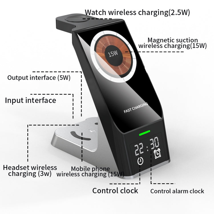 H27 15W 6 In 1 With Clock Function Magnetic Phone Wireless Charger For iWatch/AirPods(Black) - by PMC TechLife | Online Shopping South Africa | PMC TechLife