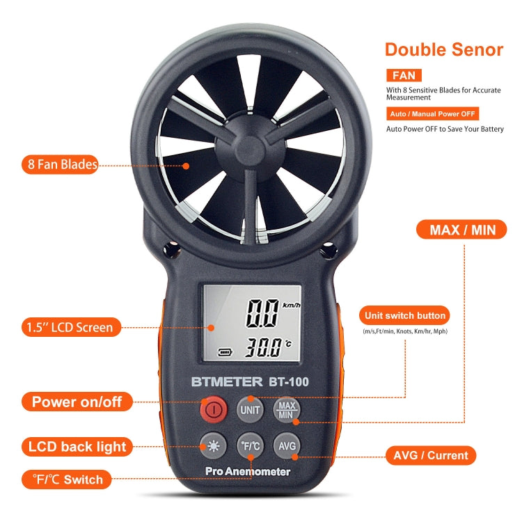 BT-100 Handheld Anemometer Wind Speed Wind Chill Temperature Measuring Instrument(Black)