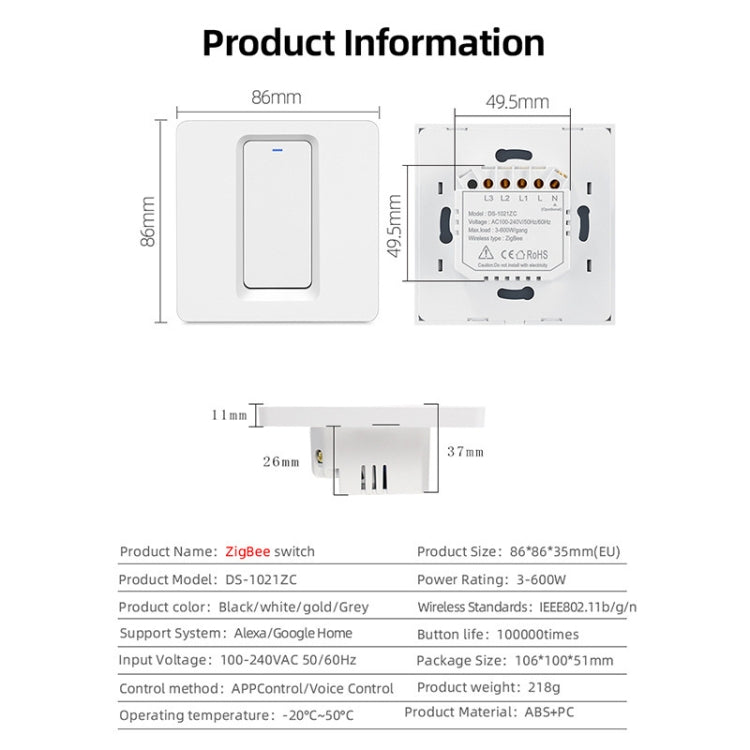 Tuya ZigBee Smart Single-fire Zero-fire Sharing Switch Phone Control Voice Panel EU Plug, Spec: 1 Button