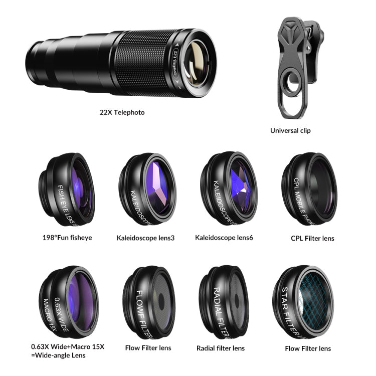 APEXEL APL-22XDG9 22X External Camera Adjustable Focus Mobile Phone Lens(10 in 1) - free shipping - PMC Jewellery - Order now!