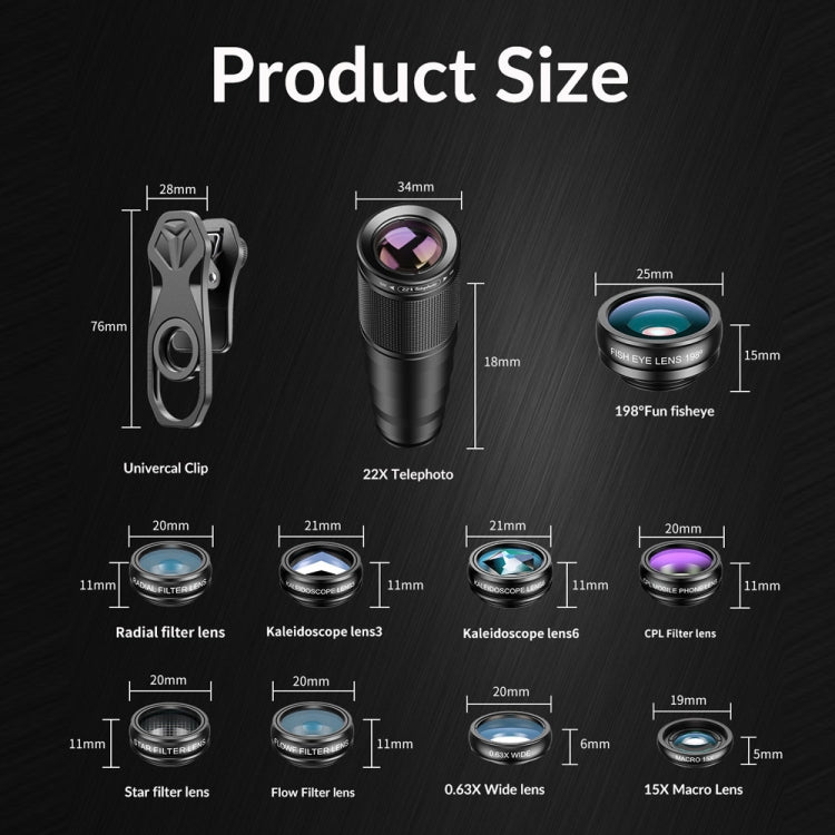 APEXEL APL-22XDG9 22X External Camera Adjustable Focus Mobile Phone Lens(10 in 1) - free shipping - PMC Jewellery - Order now!