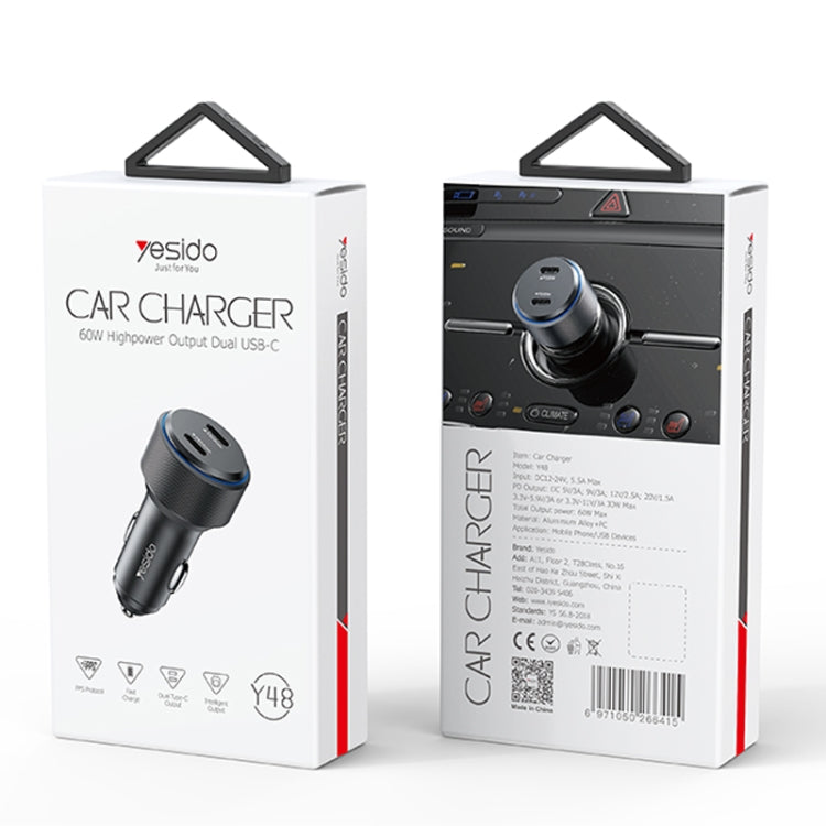 Yesido Y48 60W Car Fast Charger Aluminum Aluminum Double Type-C/USB-C Port Car Charger(Black) - free shipping - PMC TechLife - Order now!