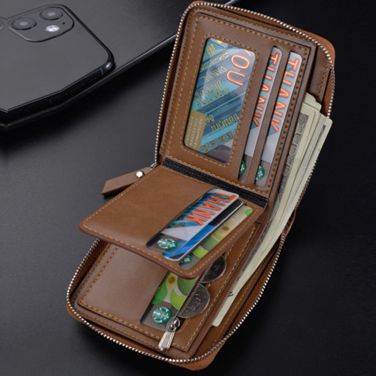 DEABOLAR Men Short Type PU Wallet Retro Zipper RFID Antimagnetic Card Holder(Brown)