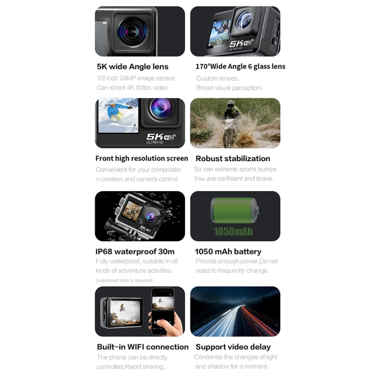 5K/30FPS WIFI HD Anti-Shake Remote Touch Dual-Screen IP68 Water-resistant Sports Camera, Style: Camera+128G Card