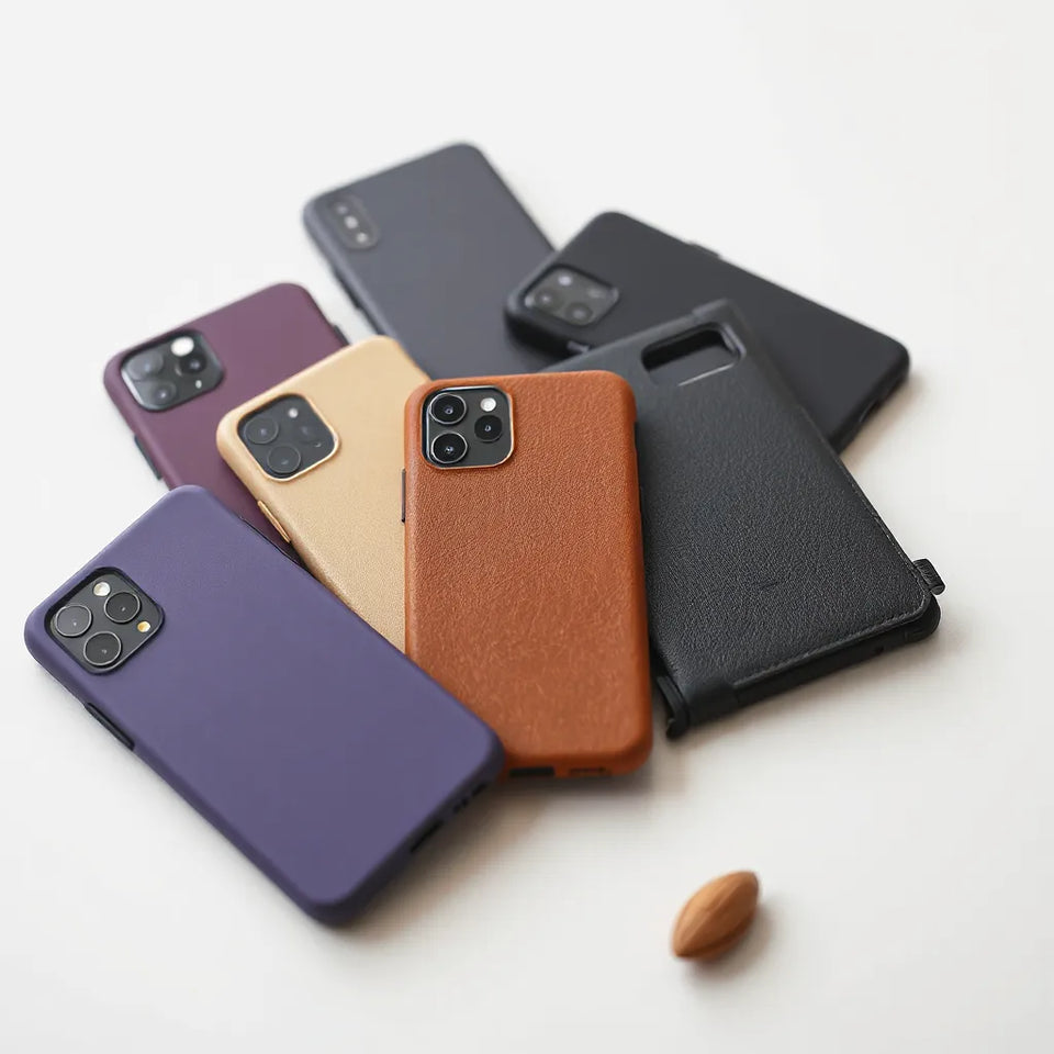 Premium phone cases in different finishes arranged neatly, highlighting camera cutouts and protective edges
