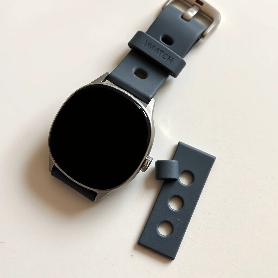 Smartwatch with a breathable silicone strap and spare strap segments on a clean neutral surface