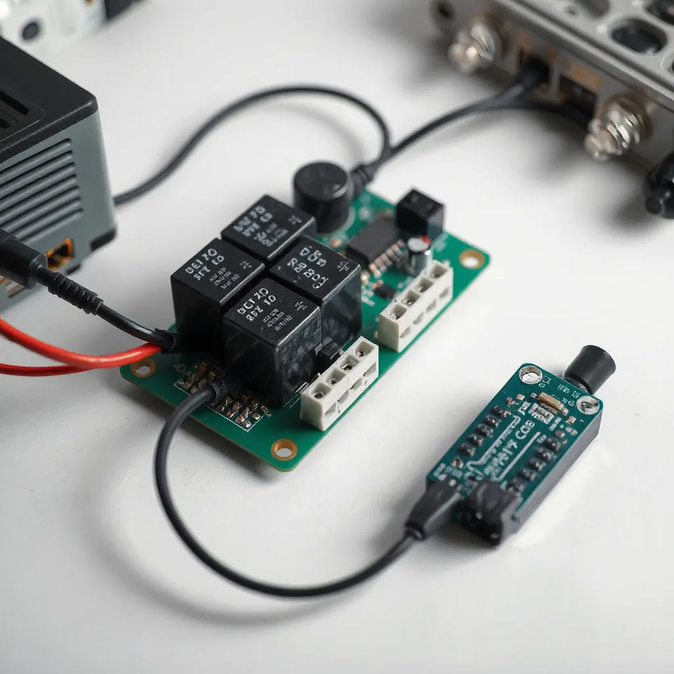 Electronic relay module PCB with terminal blocks and connected wires on a clean workbench