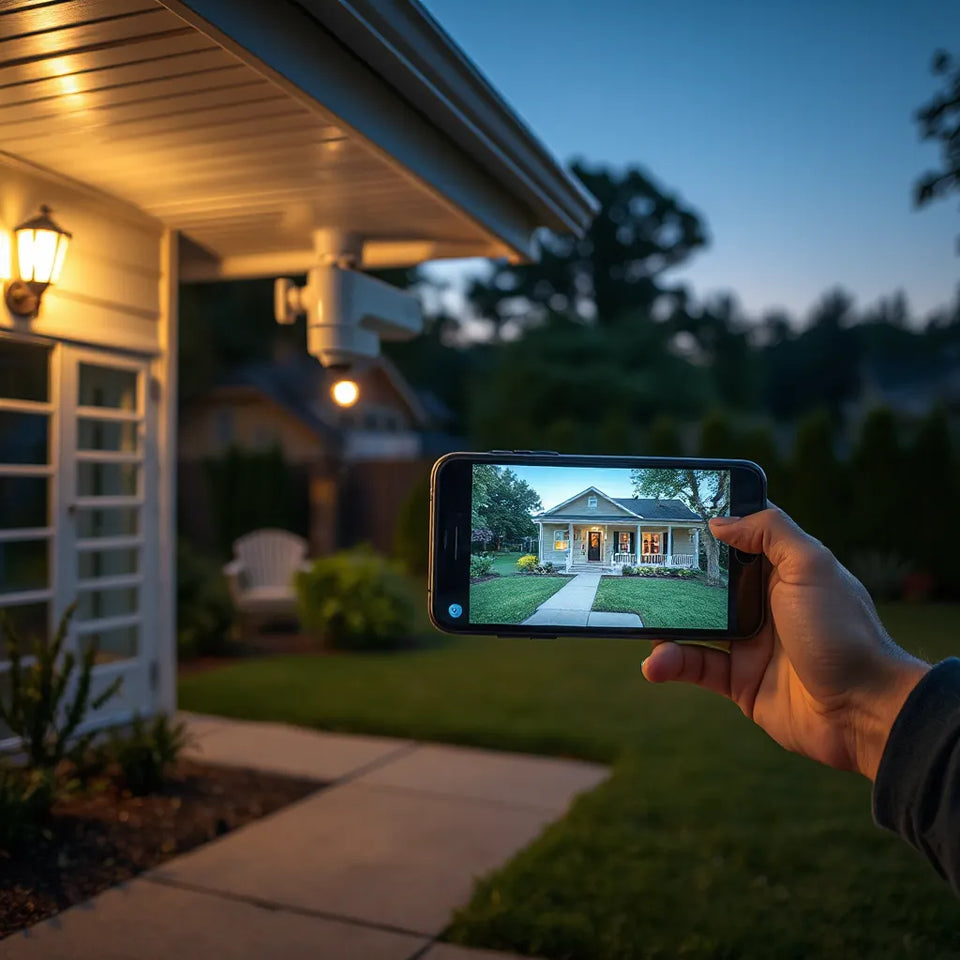 Modern security camera under a porch eave with a homeowner viewing a live feed on a smartphone