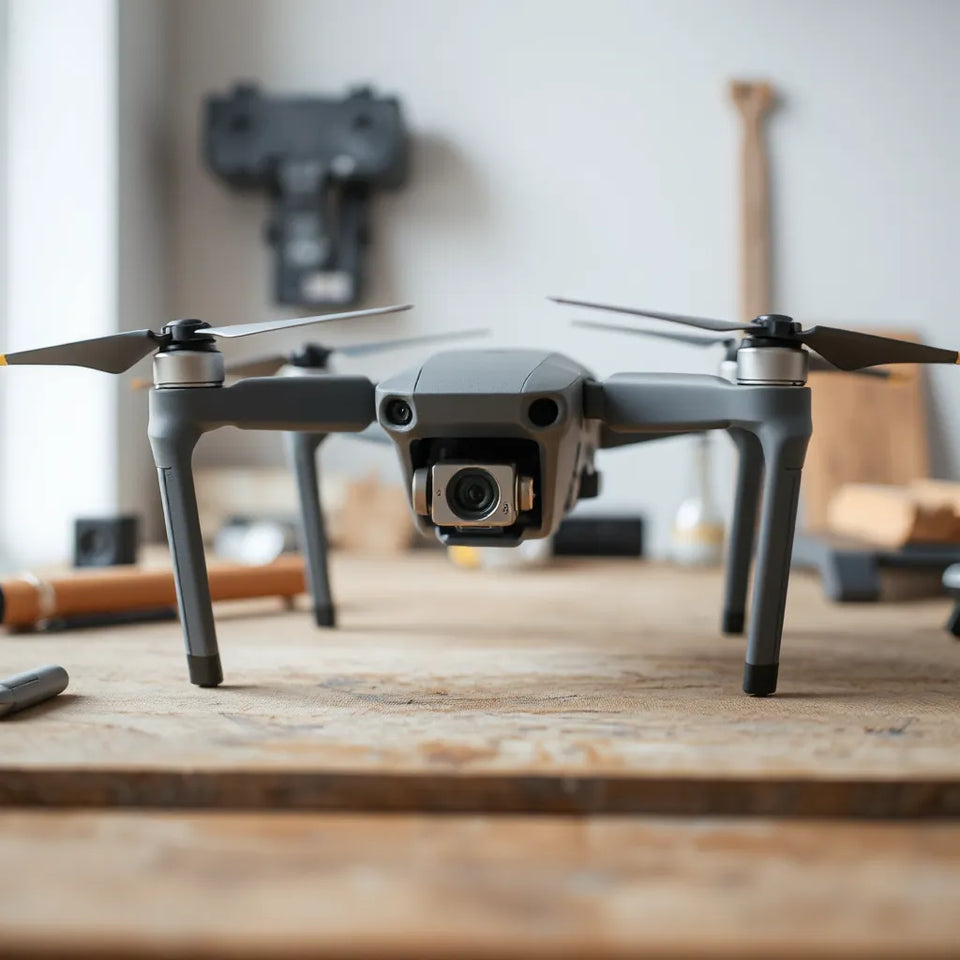 DJI-style quadcopter with propellers on a clean workbench in soft natural light, highlighting quiet smoother flight