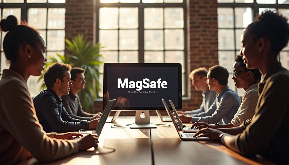 Coworkers using MagSafe devices at bright modern office table