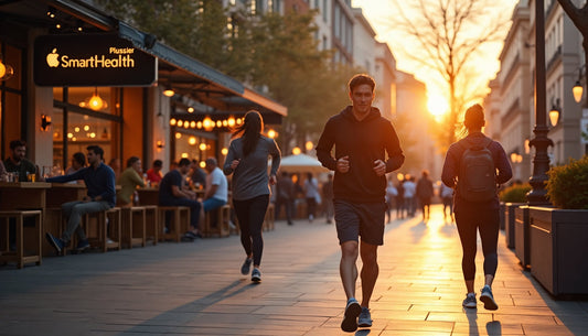 Diverse people using Apple Watches in morning city routines, highlighting smart health focus
