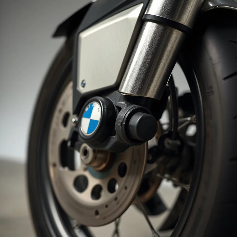 BMW motorcycle tire with a TPMS sensor near the rim and a softly blurred dashboard showing tire pressure indicators