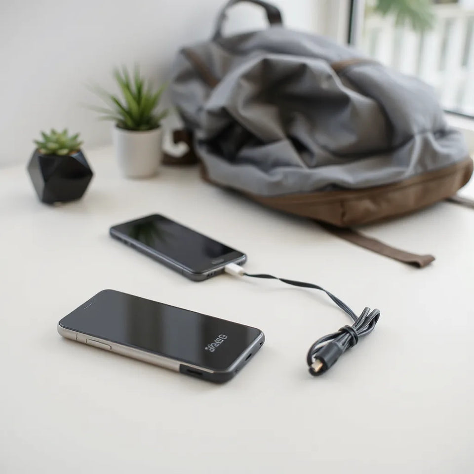 Portable power bank with a smartphone and travel cable on a light background