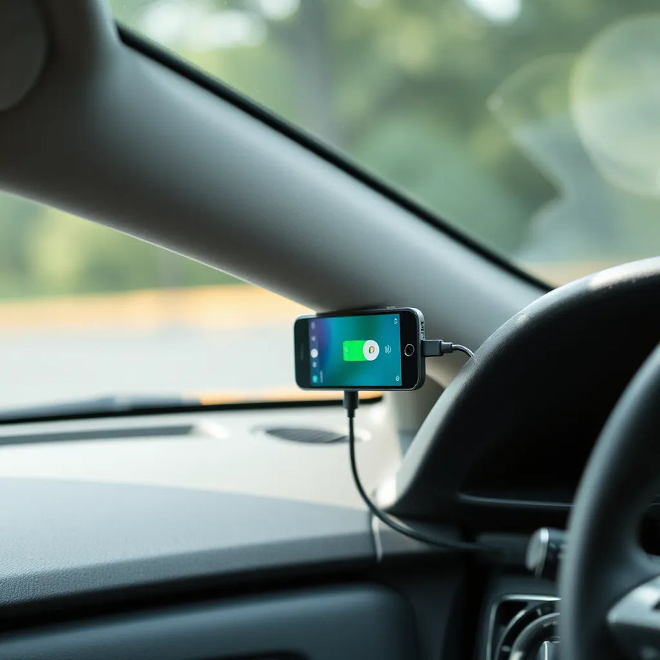 Dual-connection CarPlay adapter plugged into a car USB port beside a connected smartphone in a clean dashboard setup