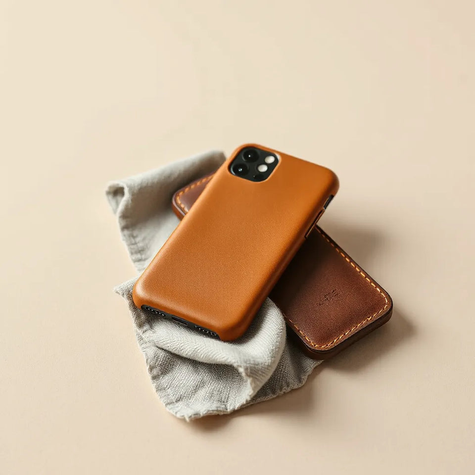 Smooth Nappa leather phone cases with visible grain texture and a microfiber cloth on a neutral background.