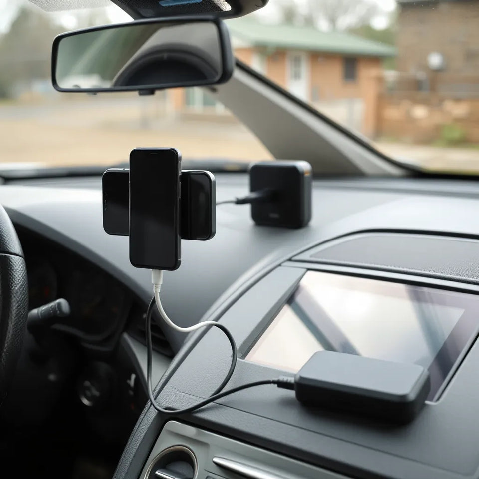 Smartphone mounted in a car with USB-C charger and organized electronics accessories