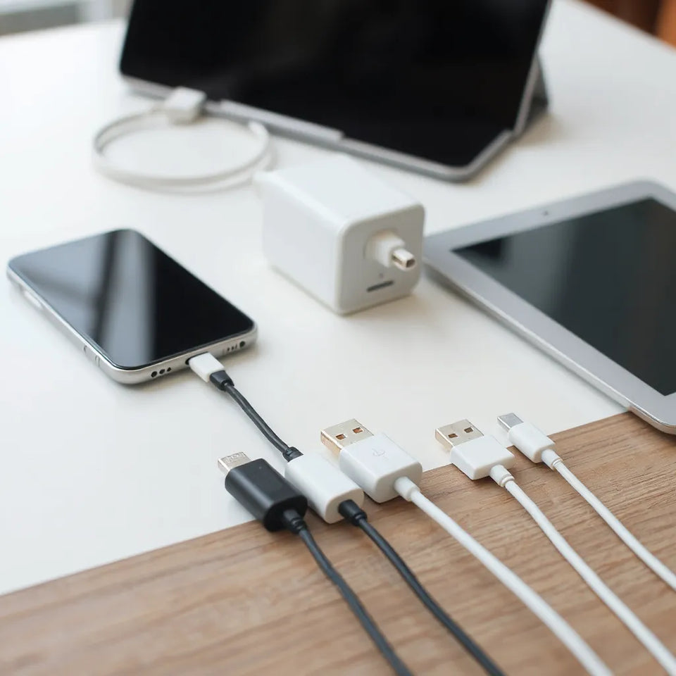 Universal charging cables with USB-C ends arranged next to a smartphone and tablet on a clean tabletop